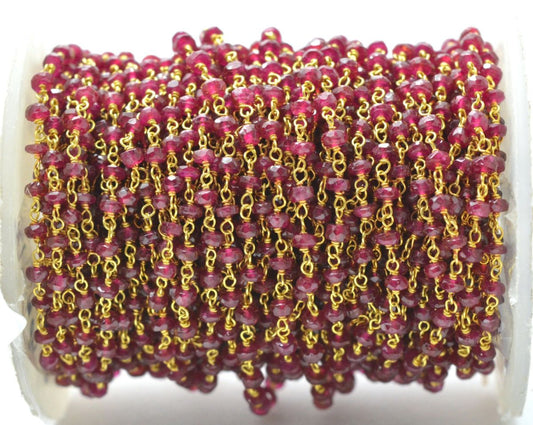 18k Solid Yellow Gold Rosary Chain Studded With Ruby Stone - 2.50-3.00 mm Sold By 1 Inch