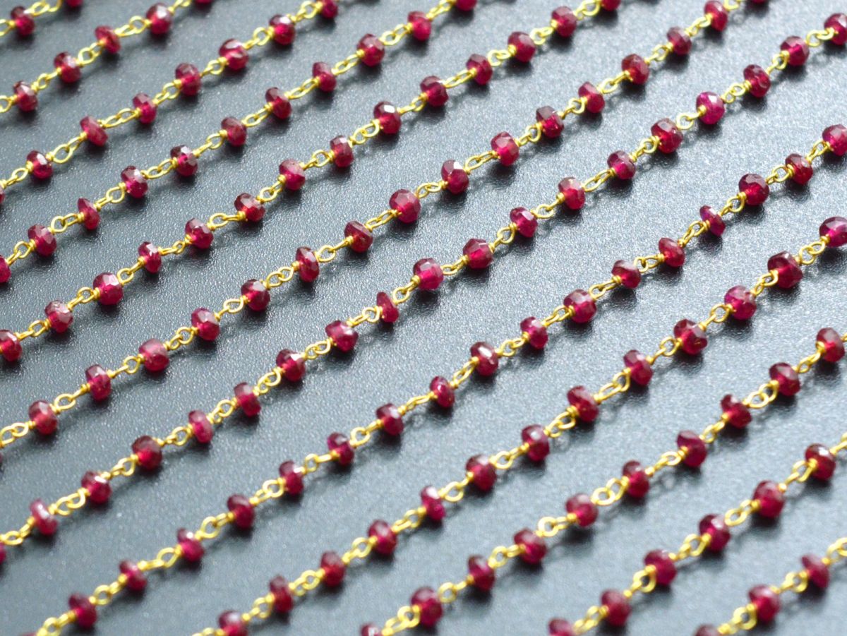 18k Solid Yellow Gold Rosary Chain Studded With Ruby Stone - 2.50-3.00 mm Sold By 1 Inch