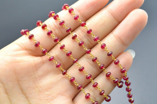 18k Solid Gold Rosary Chain With Natural Ruby Stone, 3.50mm Sold By 1 Inch - view 3