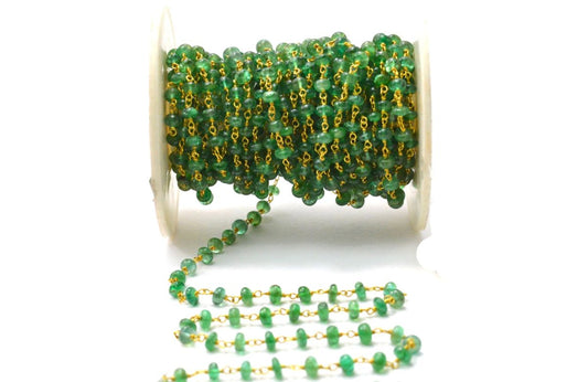 18k Solid yellow Gold Rosary Chain Studded With Natural Emerald Stone - 3-3.50mm Sold By 1 Inch (Copy)