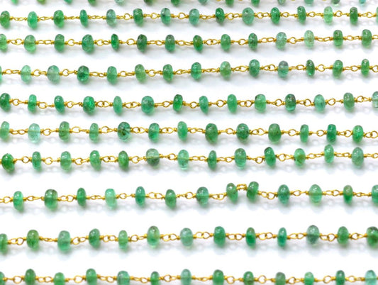 18k Solid yellow Gold Rosary Chain Studded With Natural Emerald Stone - 3-3.50mm Sold By 1 Inch (Copy) - view 3