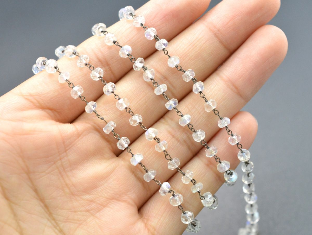 Stunning 14k Solid Gold Rosary Chain - Natural Rainbow Moon Stone- 3.50 mm Size - GRC-024B, Sold By 1 Inch.