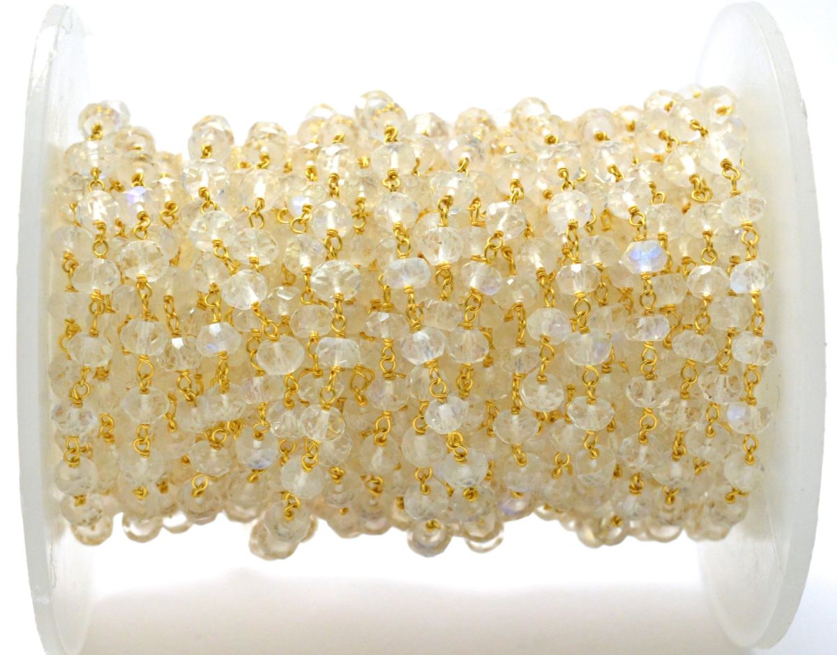 14k Solid Gold Rosary Chain With AA Quality With Rainbow Moonstone , 3.50 mm Size - SGGRC-024A, Sold By 1 Inch.