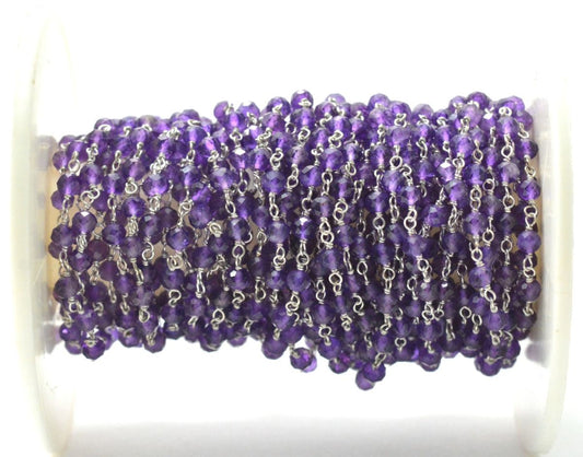14k Solid White Gold Rosary Chain With 3 mm Size -Natural Amethyst - SGGRC-015B, Sold By 1 Inch.