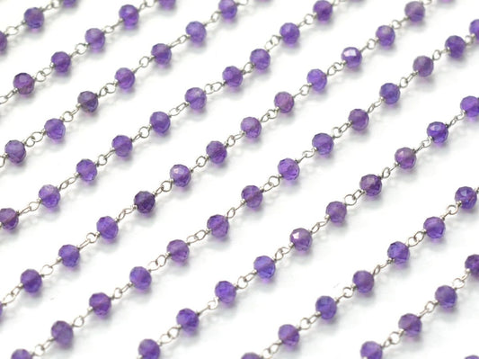 14k Solid White Gold Rosary Chain With 3 mm Size -Natural Amethyst - SGGRC-015B, Sold By 1 Inch. - view 3