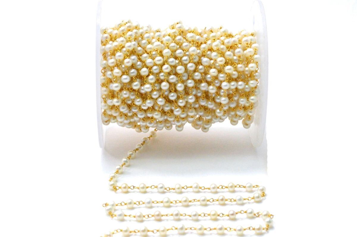 18k Solid Gold Rosary Chain With Natural Pearl Stone - 3mm Sold By 1 Inch