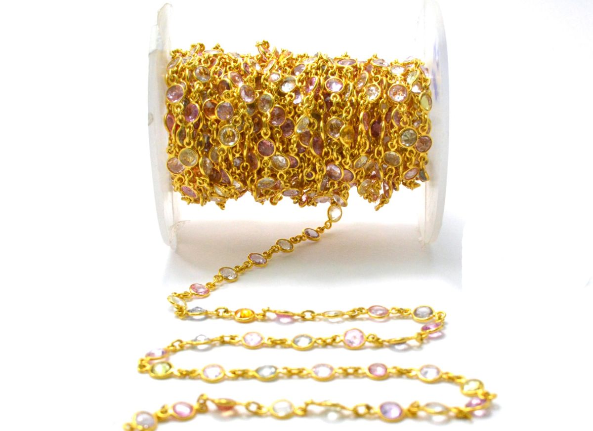 18K Solid Yellow Gold Attractive Bezel Chain With Natural Round Multi Sapphire Stone Size - 4.00 MM. Sold By 17CM, SGGRC-047.