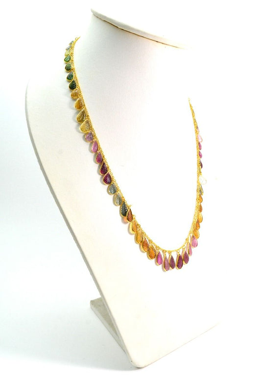 Glamorous 18k Solid Gold Necklace With Emerald , Ruby , Sapphire , 8.50x6.50mm-13.50x9.00mm , SGGRC-086