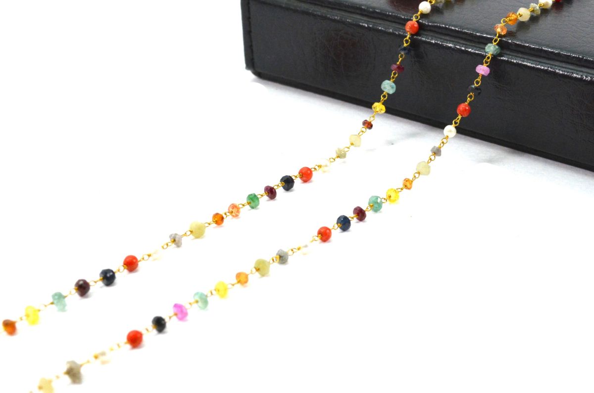 14k Solid Gold Necklace Studded With Multi Stone - 3MM, SGGRC-144