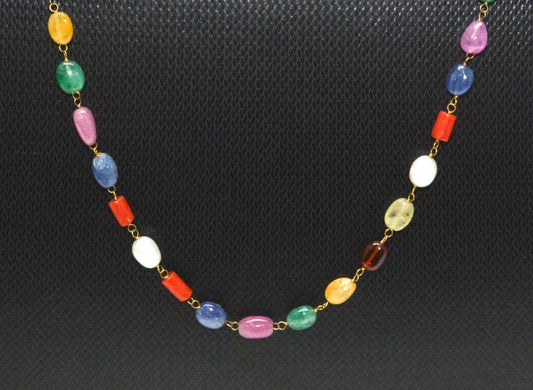 Attractive 14k Solid Gold Necklace In Mix Size With Multi Stone - view 3