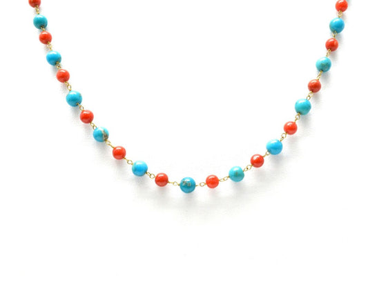 14k Solid Gold Necklace With Natural Coral and Turquoise Stone - 4 -4.5 MM, SGGRC-174 - view 3