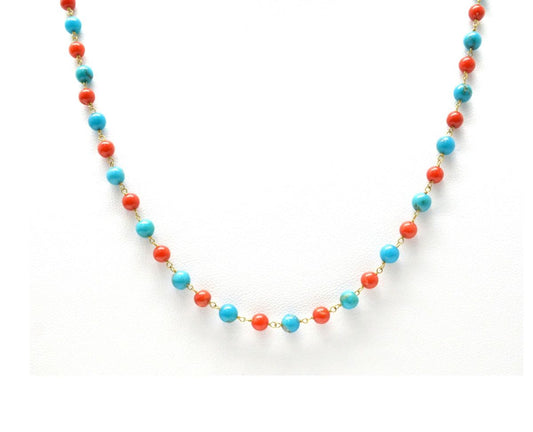 14k Solid Gold Necklace Studded With Natural Coral, Turquoise - view 3
