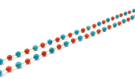 14k Solid Gold Necklace Studded With Natural Coral, Turquoise - SGGRC-175 - view 3