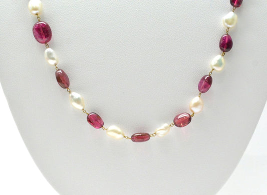 14k Solid Gold Necklace Studded With Natural Pearl And Rubellite Stone - 8X7 MM - view 3