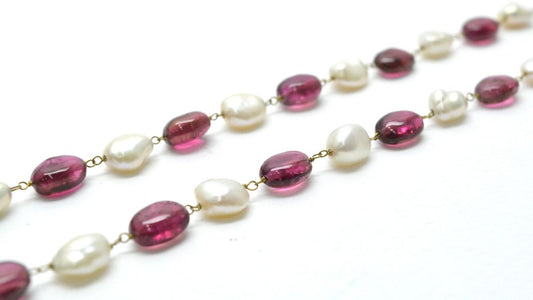 14k Solid Gold Necklace Studded With Natural Pearl And Rubelite Stone - 8X7 MM, SGGRC-180