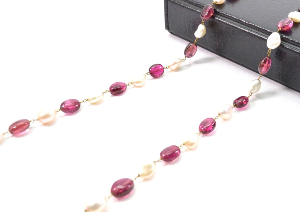 14k Solid Gold Necklace Studded With Natural Pearl And Rubelite Stone - 8X7 MM