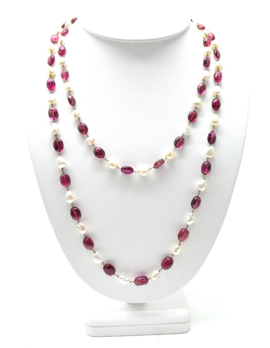 14k Solid Gold Necklace - Natural Pearl And Rubelite, SGGRC-181