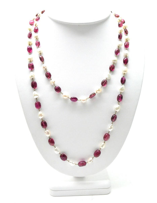 14k Solid Gold Necklace - Natural Pearl And Rubelite
