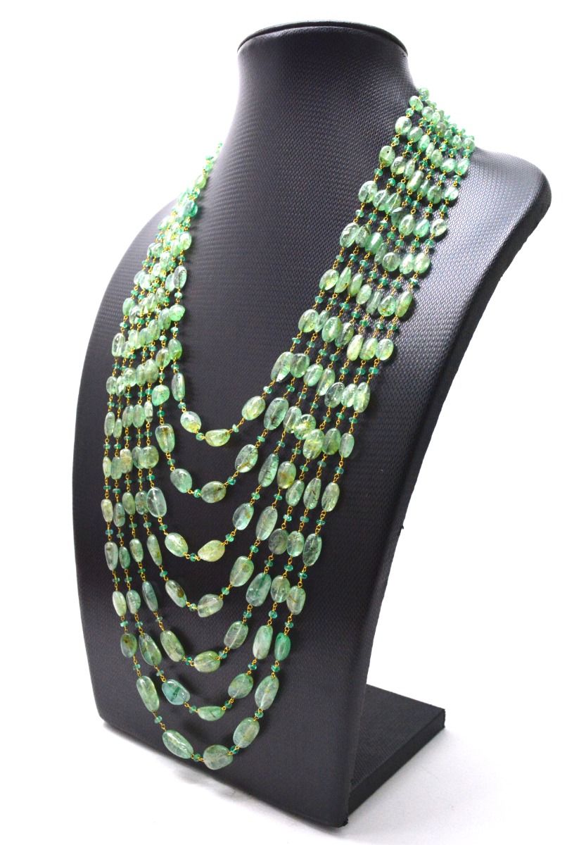 14k Solid Gold Necklace Studded With Emerald Stones , 12X10 - 15X10 MM, SGGRC-182