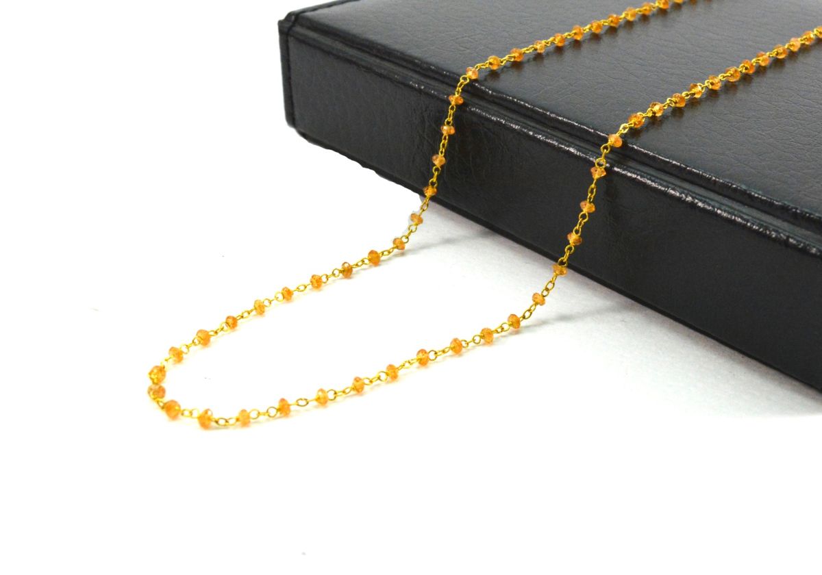 14k Solid Gold Necklace Studded With Orange Sapphire Stone - 2MM