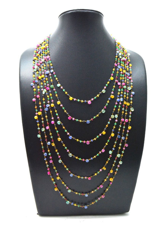 Lovely 14k Solid yellow Gold Necklace With Natural Ruby, Emerald, Sapphire Stones