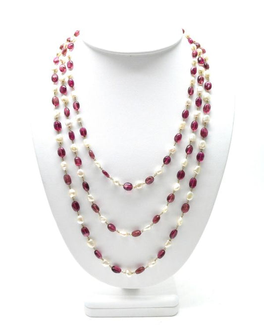 14k Solid yellow Gold Necklace With Pearl, Rubelite Stone