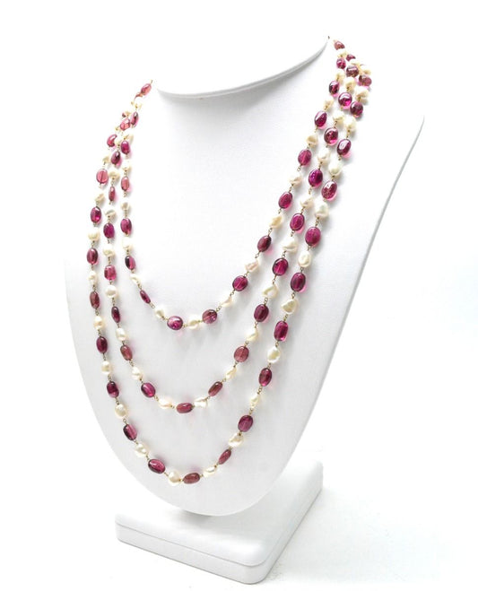 14k Solid yellow Gold Necklace With Pearl, Rubelite Stone - SGGRC-213