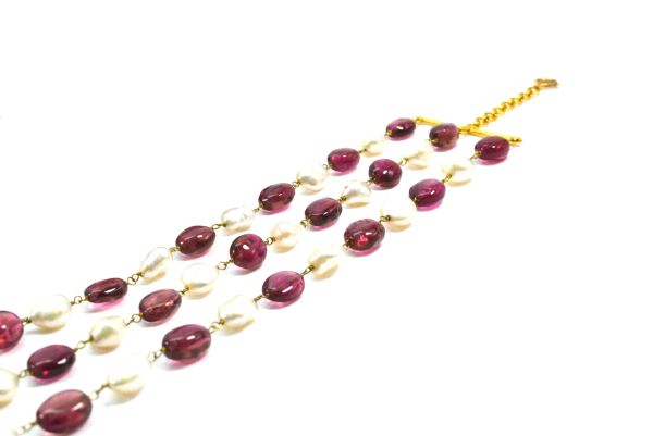 14k Solid yellow Gold Necklace With Pearl, Rubelite Stone