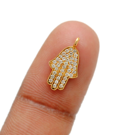 14 karat Solid Yellow Gold White Diamond Hamsa Hand Charm 16mm