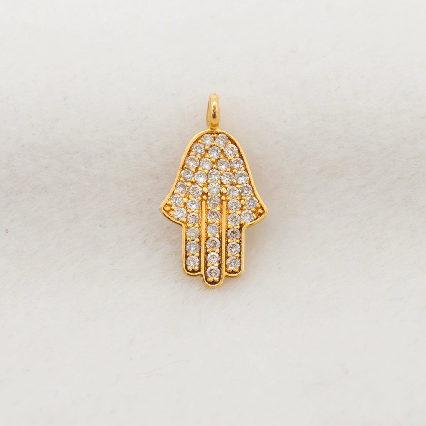 14 karat Solid Yellow Gold White Diamond Hamsa Hand Charm 16mm