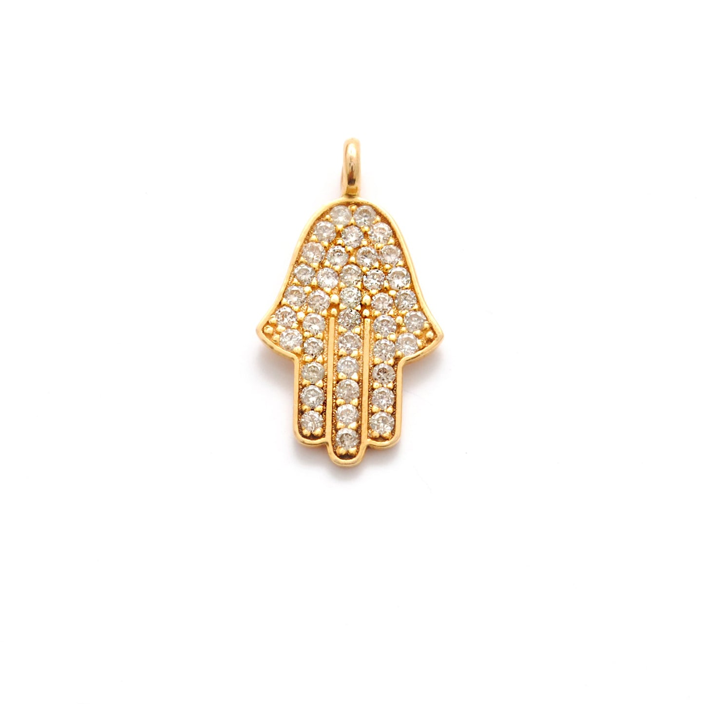 14 karat Solid Yellow Gold White Diamond Hamsa Hand Charm 16mm