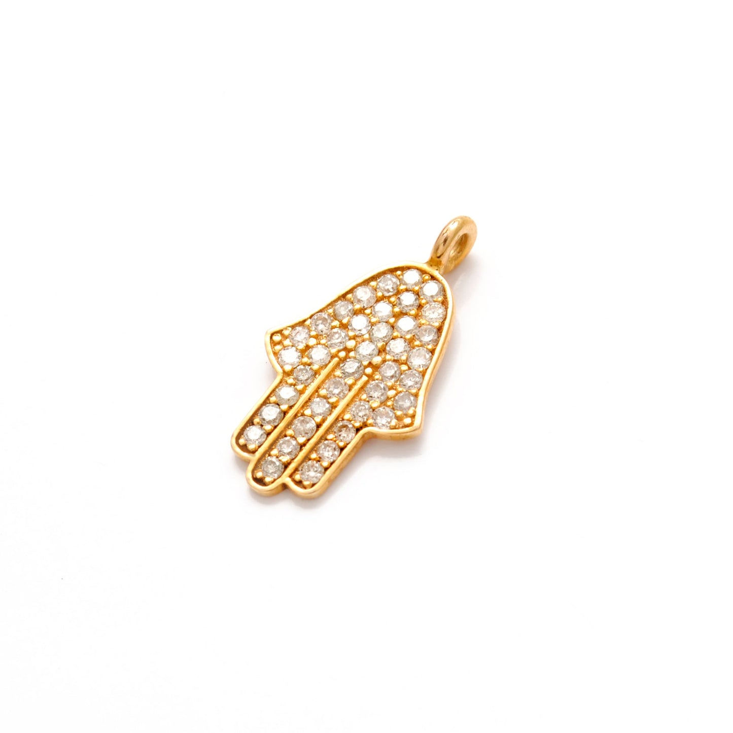 14 karat Solid Yellow Gold White Diamond Hamsa Hand Charm 16mm