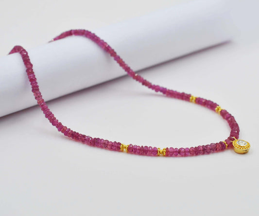 Natural Ruby Beaded Necklace with Polki Flat Cut Diamond Pendant