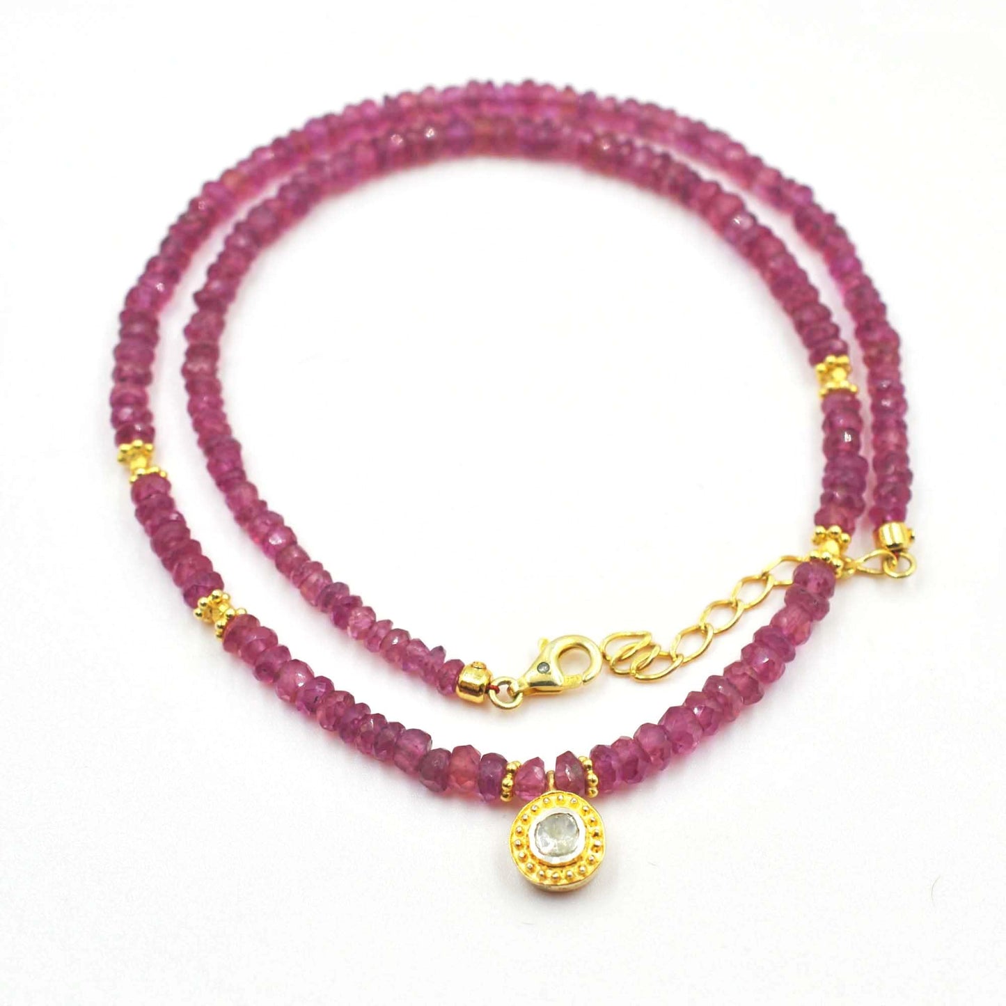 Natural Ruby Beaded Necklace with Polki Flat Cut Diamond Pendant