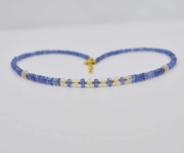 Tanzanite & Ethiopian Opal Necklace – 925 Silver, Faceted Rondelle Beaded Jewelry