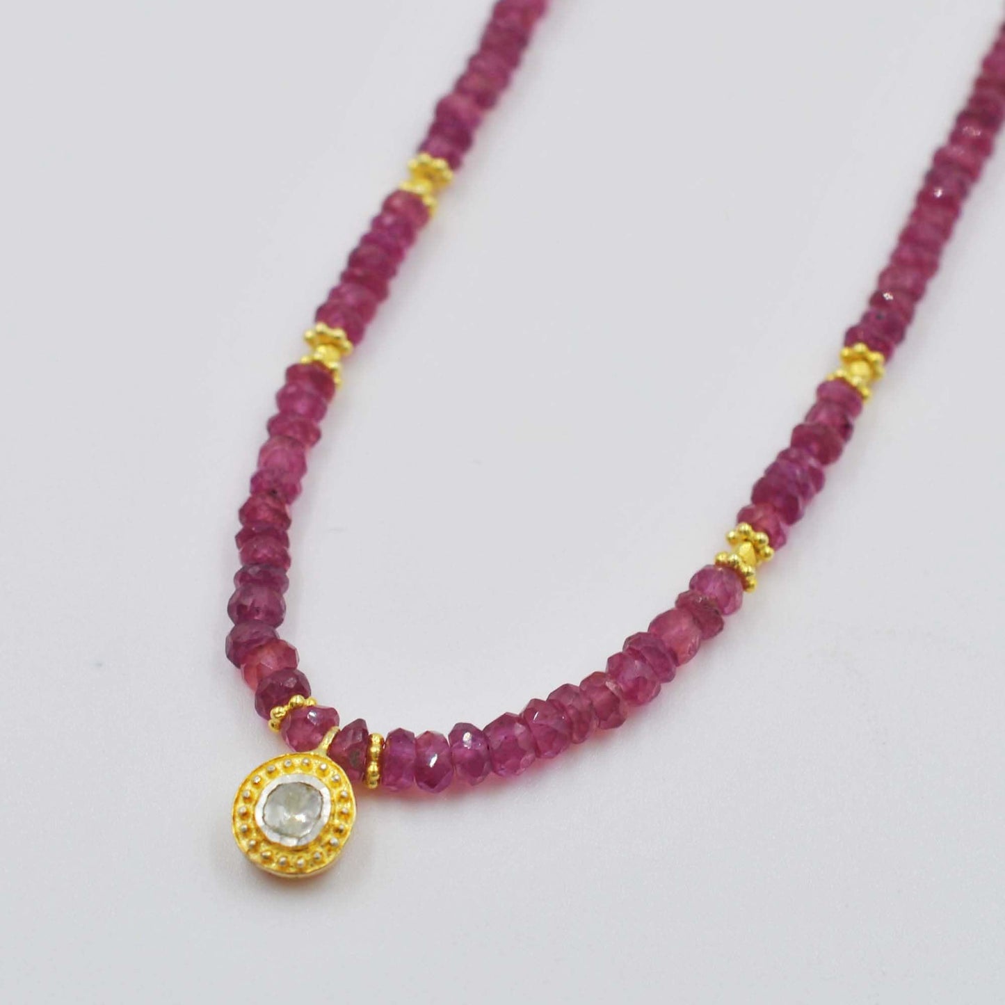 Natural Ruby Beaded Necklace with Polki Flat Cut Diamond Pendant
