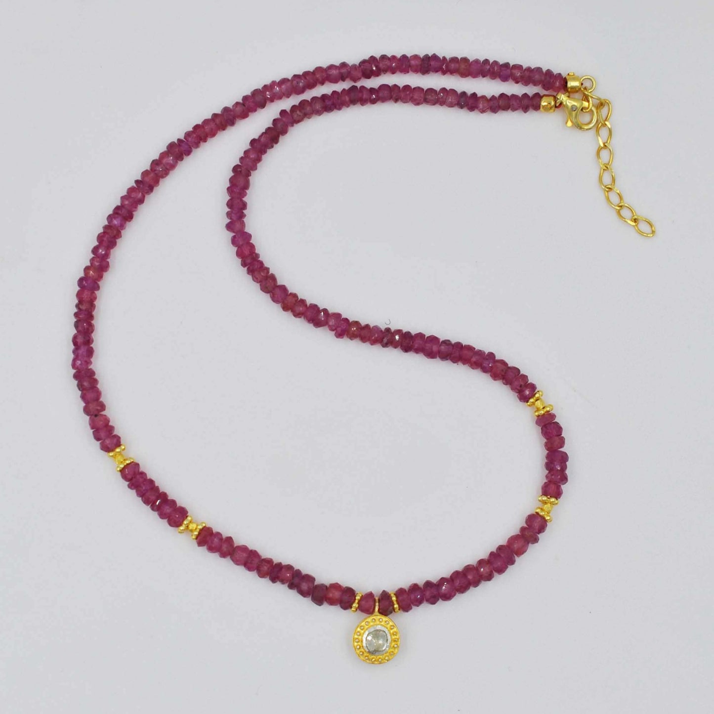 Natural Ruby Beaded Necklace with Polki Flat Cut Diamond Pendant
