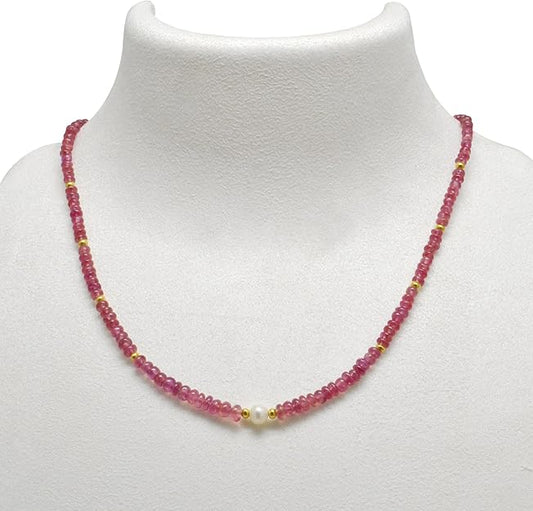 Natural Ruby and Pearl Beaded Necklace – 925 Sterling Silver Handmade Jewelry