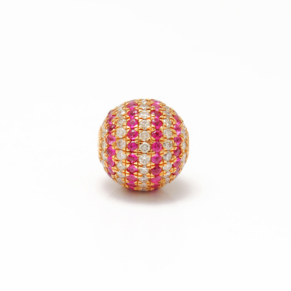 14K Solid Yellow Gold Pave Diamond & Ruby Ball Beads 10 mm