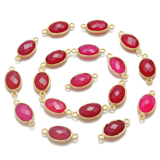 Hot Pink Chalcedony Oval Gold Plated Bezel Connector