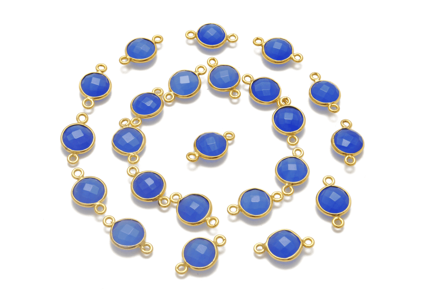 Blue Chalcedony Round Gold Plated Closed Double Bail Bezel Connector