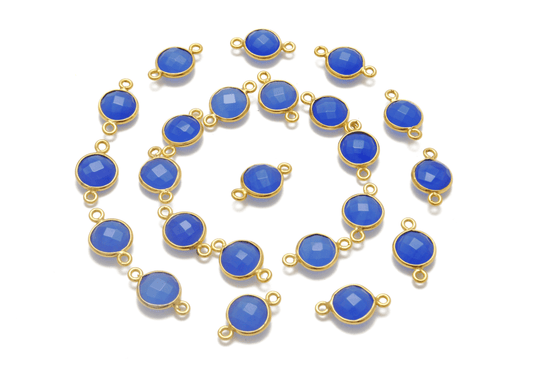 Blue Chalcedony Round Gold Plated Closed Double Bail Bezel Connector