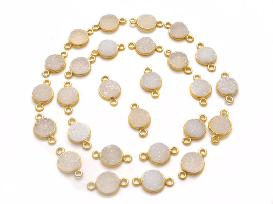 Druzy Quartz Round Gold Plated Double Bail Bezel Connector