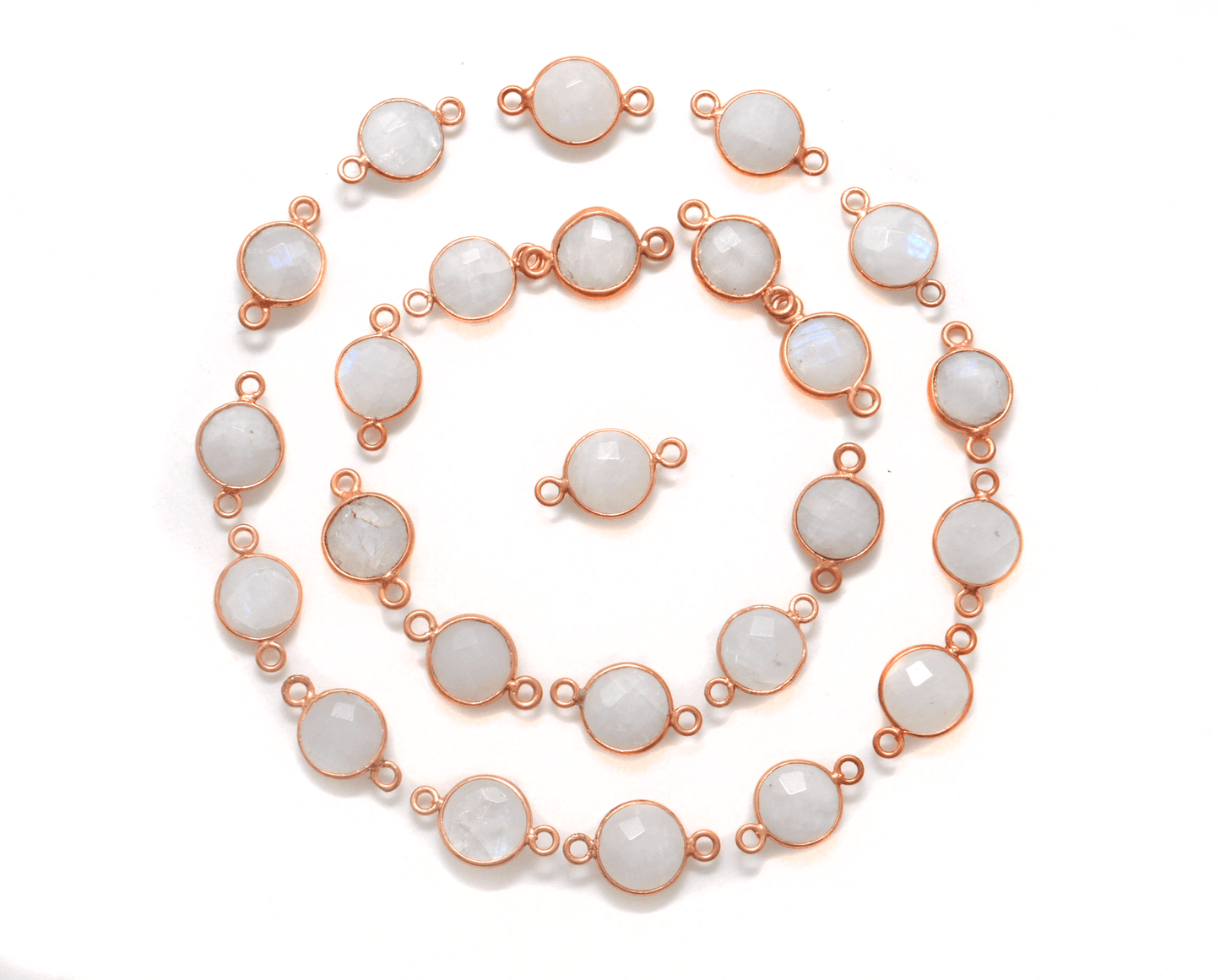 Rainbow Moonstone Round Rose Gold Plated Bezel Connector