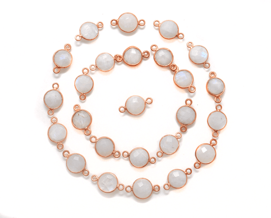 Rainbow Moonstone Round Rose Gold Plated Bezel Connector