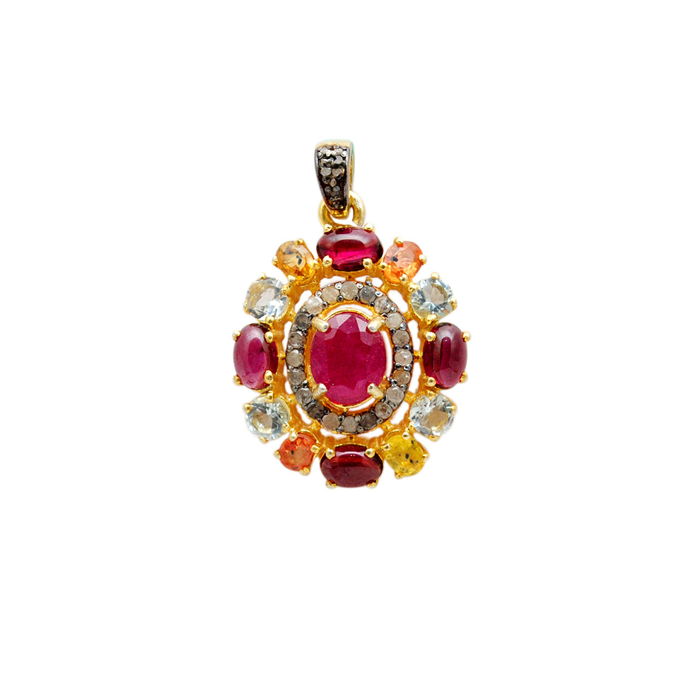 925 Sterling Silver Pave Diamond & Multi-Gemstone Pendant