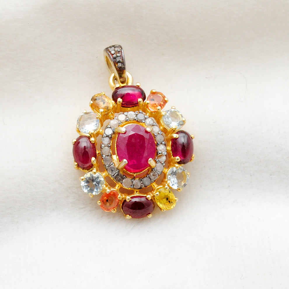 925 Sterling Silver Pave Diamond & Multi-Gemstone Pendant