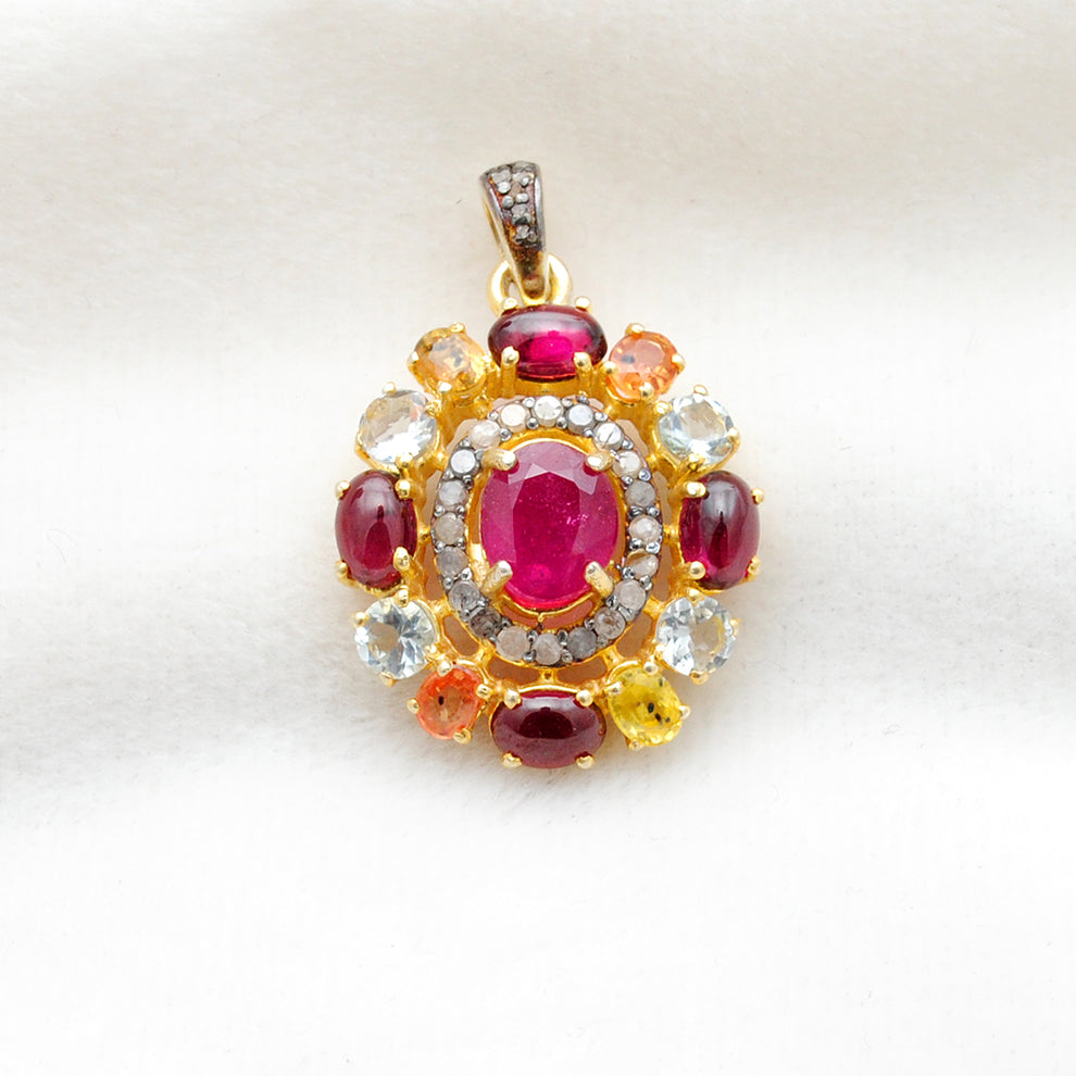 925 Sterling Silver Pave Diamond & Multi-Gemstone Pendant