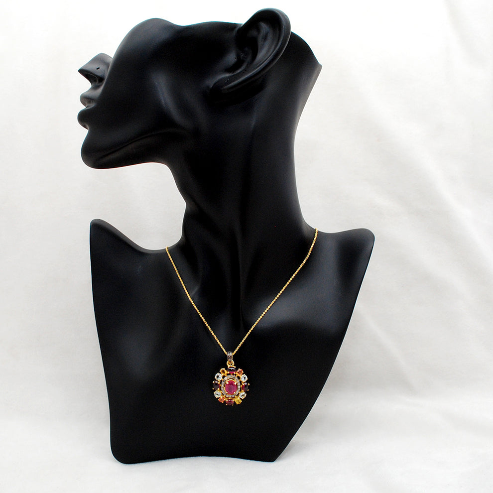 925 Sterling Silver Pave Diamond & Multi-Gemstone Pendant