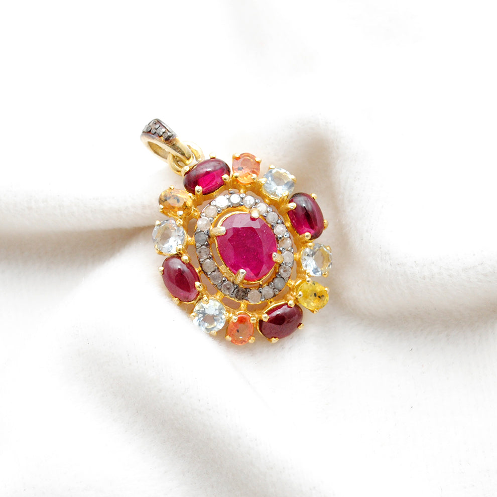 925 Sterling Silver Pave Diamond & Multi-Gemstone Pendant